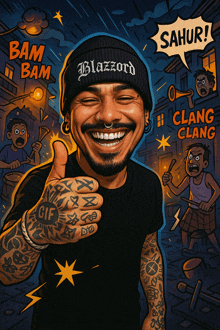 an illustration of a man wearing a beanie that says blazzard on it