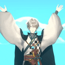 a man in a kimono is standing with his arms outstretched in front of a blue sky