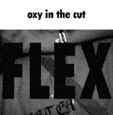 a black and white photo of a person with the word flex on it