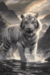 a white tiger is standing in the water with mountains in the background