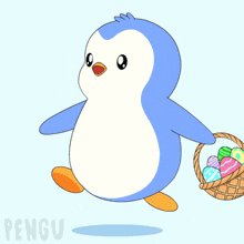 a penguin is holding a basket of easter eggs and the word pengu is below it