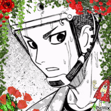 a black and white drawing of a man surrounded by red roses and a picmix watermark