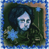 a painting of a person with snowflakes surrounding them