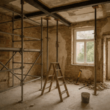 an empty room with a ladder and a bucket of paint