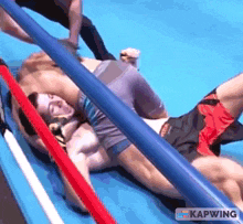 two men are wrestling in a boxing ring and the word kapwing is on the bottom of the image
