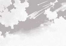 a black and white drawing of a cloudy sky with a few shooting stars