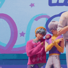 a couple of cartoon characters standing next to each other in front of a blue background