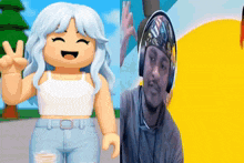 a girl giving a peace sign next to a man with headphones