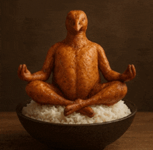 a statue of a chicken in a lotus position sits on a bowl of rice