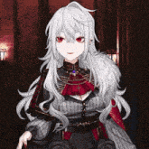 a girl with long white hair and red eyes is wearing a black and red outfit