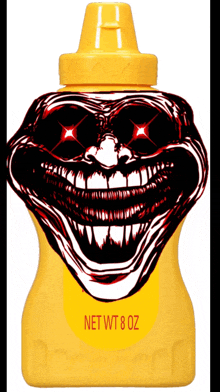 a bottle of mustard has a cartoon face on it and says net wt 8 oz