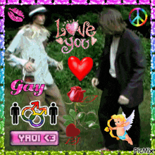 a picture of two men with the words " love you gay " written on it