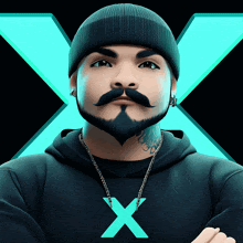 a man with a beard and mustache wears a black hoodie with a green x on it