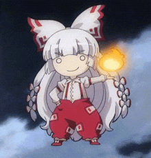 a cartoon girl with long white hair and red pants is holding a fireball .