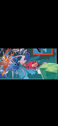 a cartoon of knuckles fighting a robot with a green emerald