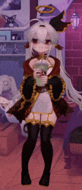 a girl with white hair and red eyes is holding a green drink through a straw
