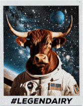 a picture of a cow dressed as an astronaut with #legendary written underneath it