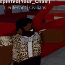 a man in a leopard print jacket is standing in front of a red car with the words spinted your chair lieutenant civilians above him