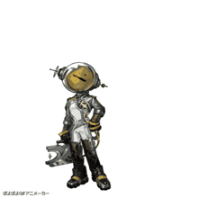 a cartoon character with a helmet on his head has a smiley face on his face