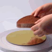 a person is cutting a piece of chocolate cake on a round plate