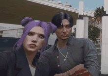 a man and a woman with purple hair are posing for a photo