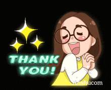 a cartoon of a girl with glasses and the words thank you