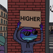 a cartoon of a frog holding a sign that says higher