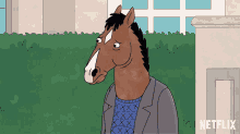 a cartoon of a horse wearing a jacket and a blue sweater with netflix written on the bottom