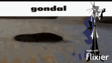 a cartoon character is standing in front of a sign that says gonal made with flixier