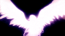 a person with angel wings is flying in the dark with a black background .
