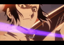a close up of a person holding a purple sword with the word bravo written on the bottom