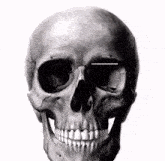 a black and white drawing of a skull with a smile on it