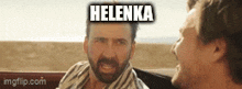 a man with a beard is talking to another man in a car and the words helenka are above him .