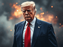 donald trump is wearing a suit and tie and has a badge that says ' donald trump ' on it