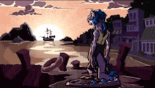 a cartoon of a man standing on a dock with a boat in the background