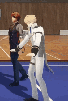 a man in a white suit is walking on a blue court