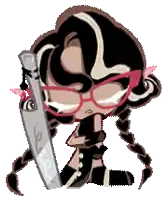a cartoon girl is holding a pair of scissors in her hand .