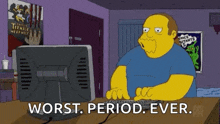 a cartoon of a man sitting at a desk in front of a computer monitor .