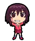 a pixel art illustration of a girl with purple hair and a red shirt .