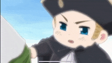 a cartoon character with blue eyes is wearing a black hat and a black coat .