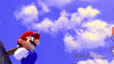 a video game character named mario is standing in front of a blue sky