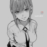 a black and white drawing of a girl wearing a shirt and tie with juan amv07 written in the corner