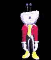 a cartoon character with a head that looks like a television is standing in the dark .