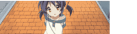 a girl with purple hair is standing on a brick walkway