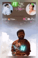 a man with a butterfly on his chest is standing in front of a circle of people .