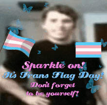 a blurred image of a man holding a transgender flag and the words " sparkle on "