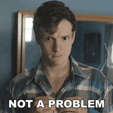 a man in a plaid shirt has the words not a problem written below him