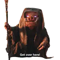 a cartoon character with purple eyes and the words " get over here " on the bottom