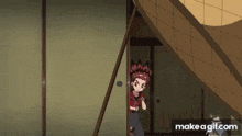 a cartoon character is standing in a room with a sword in his hand .