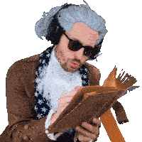 a man wearing a wig and sunglasses reads a book
